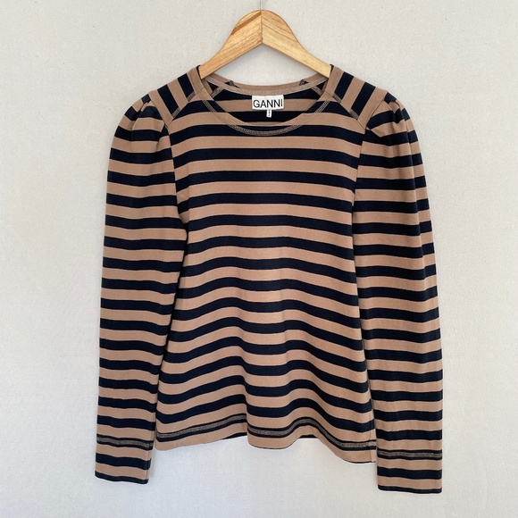 GANNI Women’s Size Small Navy Blue & Tan Striped Long Sleeve Knit Top - Picture 1 of 8